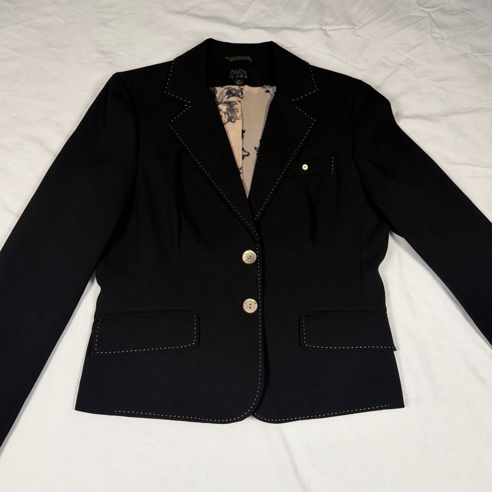 Allen by ABS Womens Black Pick Stitch Tailored Blazer Jacket 8 Floral Lining